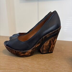 Sofft Womens Black Leather Peep Toe Wedge Heels Faux Wood Platform Size 7M